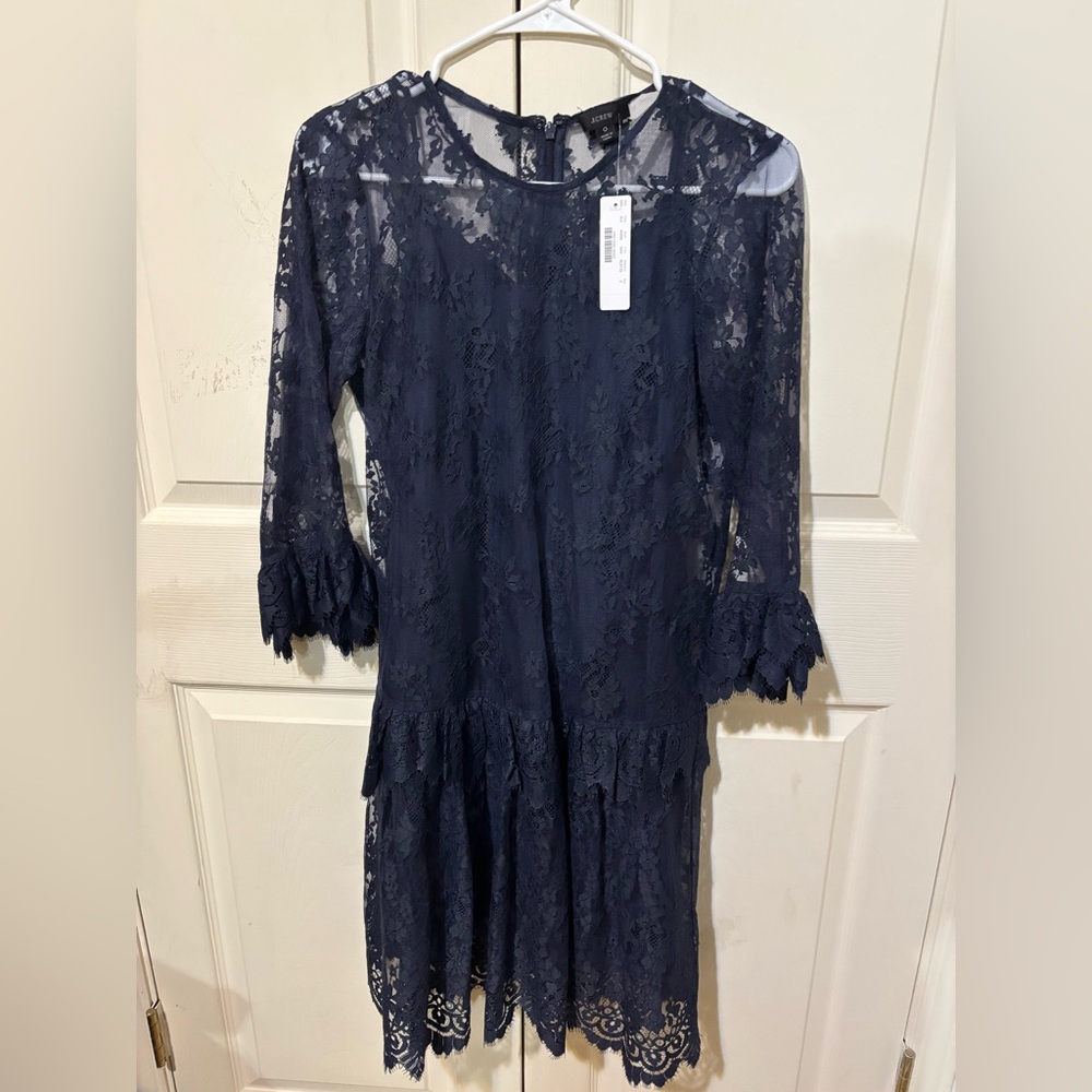 NWT J.Crew Women 3/4 Sleeve Chantilly Lace Dress navy size 0